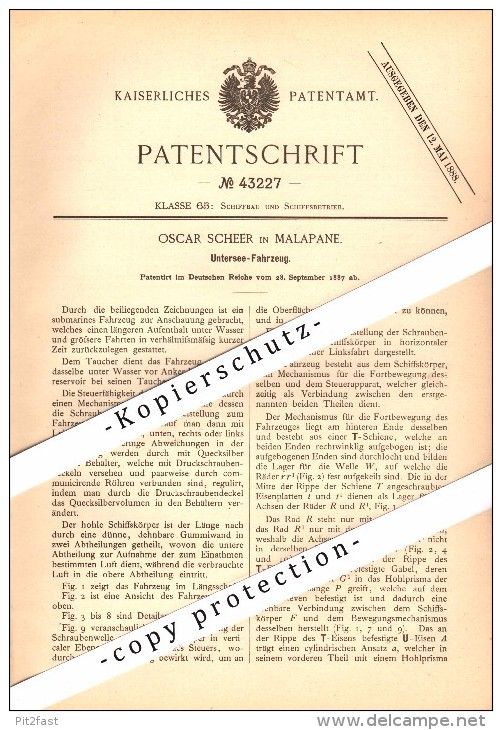 Original Patent - Oscar Scheer In Malapane / Ozimek , Schlesien , 1887 , Untersee-Fahrzeug , U-Boot , Unterseeboot  !!! - Schiffe