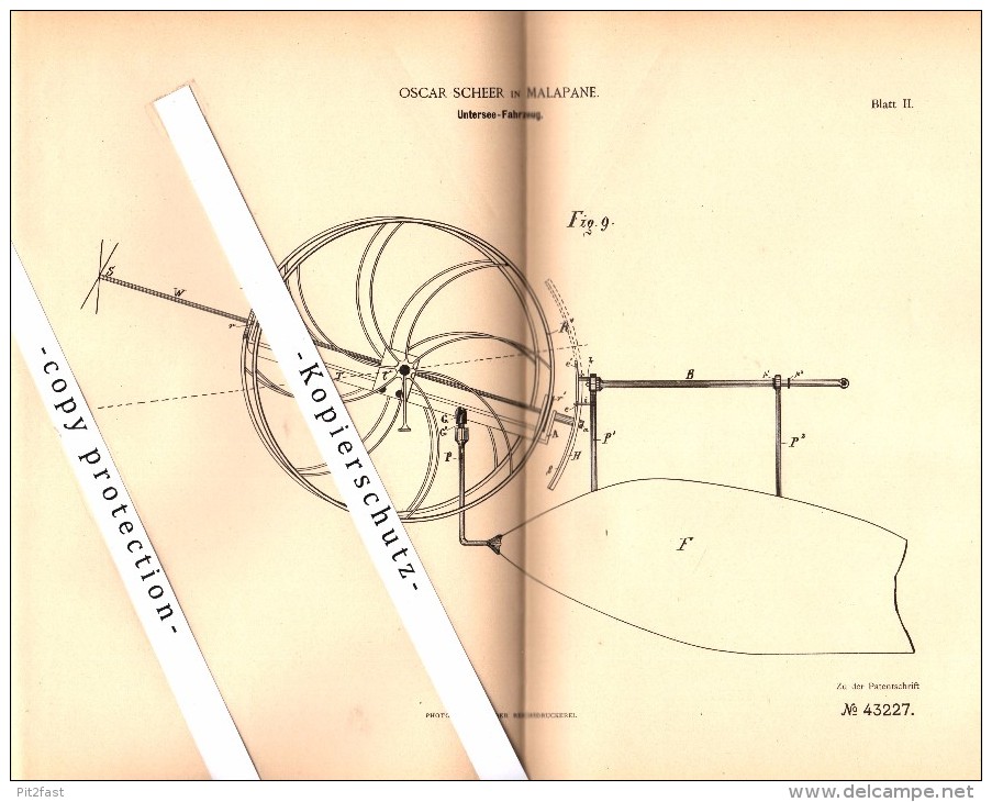 Original Patent - Oscar Scheer In Malapane / Ozimek , Schlesien , 1887 , Untersee-Fahrzeug , U-Boot , Unterseeboot  !!! - Schiffe