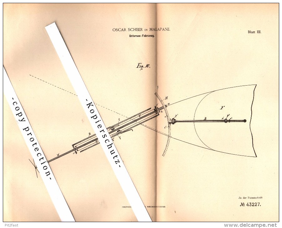 Original Patent - Oscar Scheer In Malapane / Ozimek , Schlesien , 1887 , Untersee-Fahrzeug , U-Boot , Unterseeboot  !!! - Bateaux