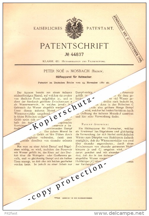 Original Patent - Peter Noe In Mosbach , Baden , 1887 , Apparat Für Hutmacher , Hut , Hüte !!! - Mosbach