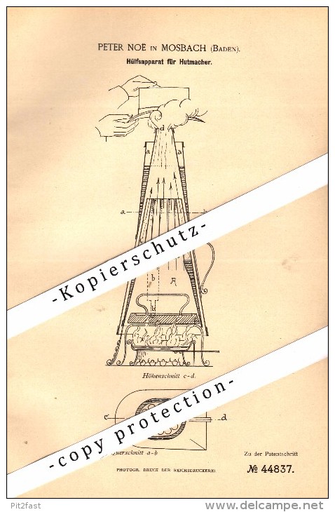 Original Patent - Peter Noe In Mosbach , Baden , 1887 , Apparat Für Hutmacher , Hut , Hüte !!! - Mosbach