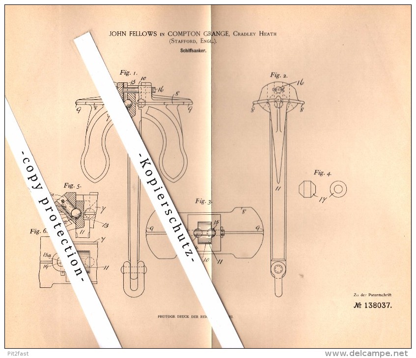 Original Patent - John Fellows In Compton Grange , Stafford , 1902 , Ship Anchor !!! - Boats