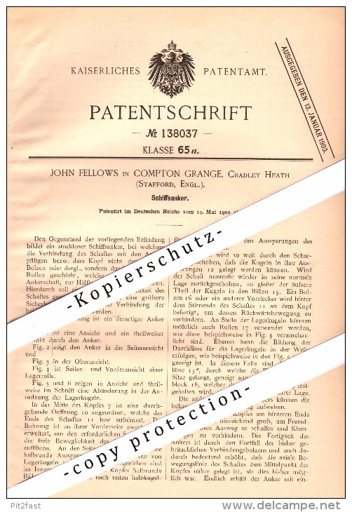 Original Patent - John Fellows In Compton Grange , Stafford , 1902 , Ship Anchor !!! - Bateaux