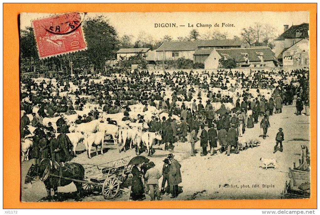 MNG-26  Digoin Le Champ De Foire, Attelage, TRES ANIME. Cachet Frontal 1907 Pour Lagny - Digoin