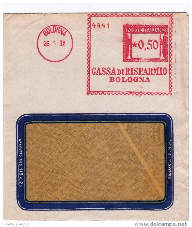 Cassa Di Risparmio Di Bologna Cover Etichetta Rossa. Bologna Per Roma 1938 - Macchine Per Obliterare (EMA)