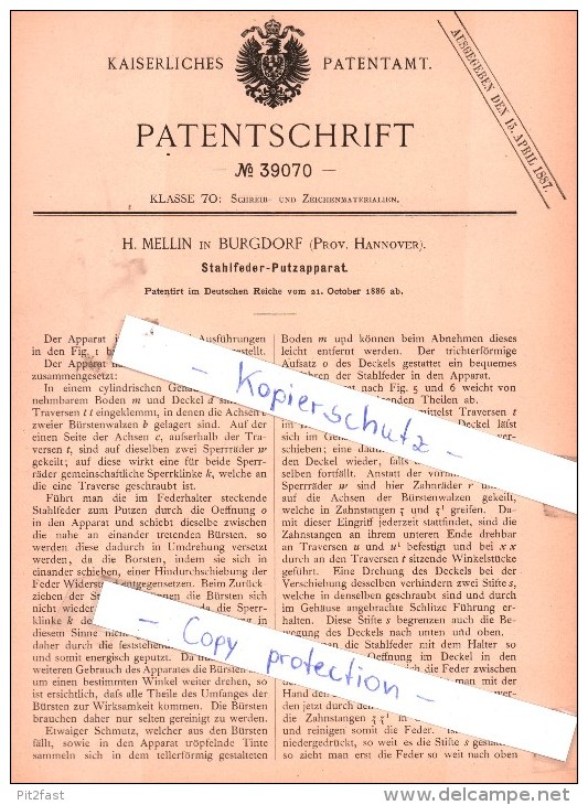 Original Patent - H. Mellin In Burgdorf , Prov. Hannover , 1886 ,  Stahlfeder-Putzapparat , Feder , Federhalter !!! - Pens