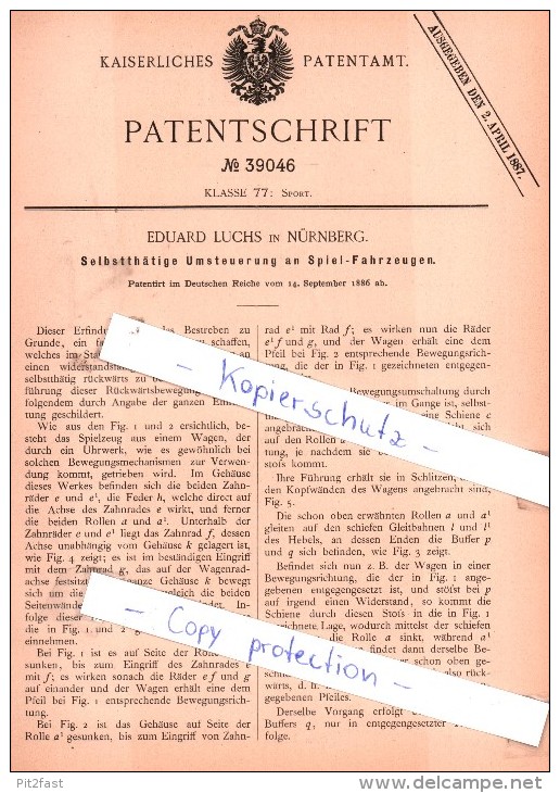 Original Patent - E. Luchs In Nürnberg , 1886 ,  Selbstthätige Umsteuerung An Spiel-Fahrzweugen !!! - Toy Memorabilia