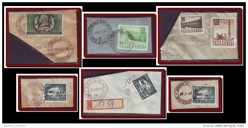 1952-1971 Romania, Lot Of 6 Industrial Postmarks, Factory Stamps On Fragments - Postmark Collection