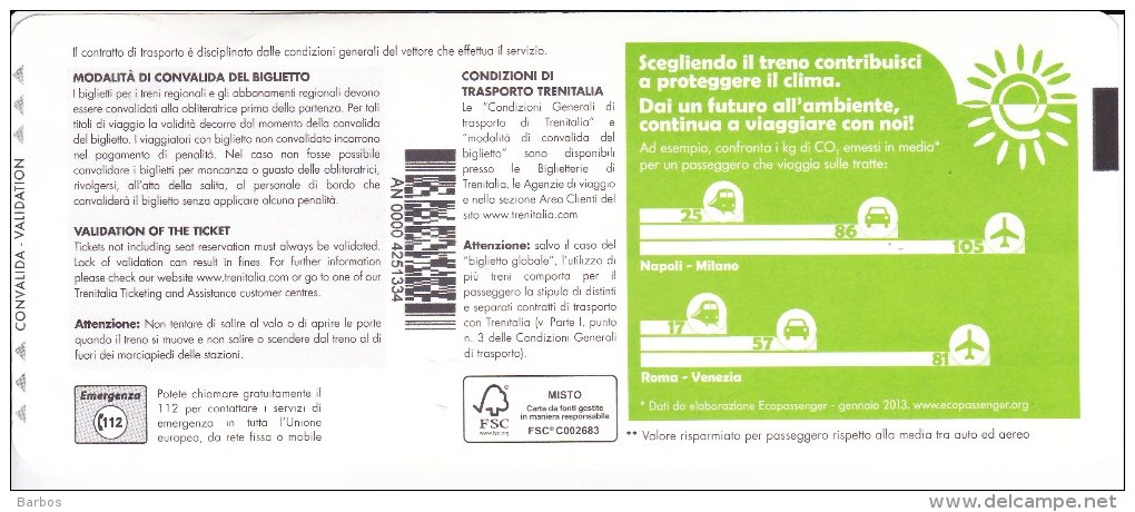 Italy ,  Milano  Centrale - Venezia S.Lucia    , Railway  Ticket  ,   2015 - Europe