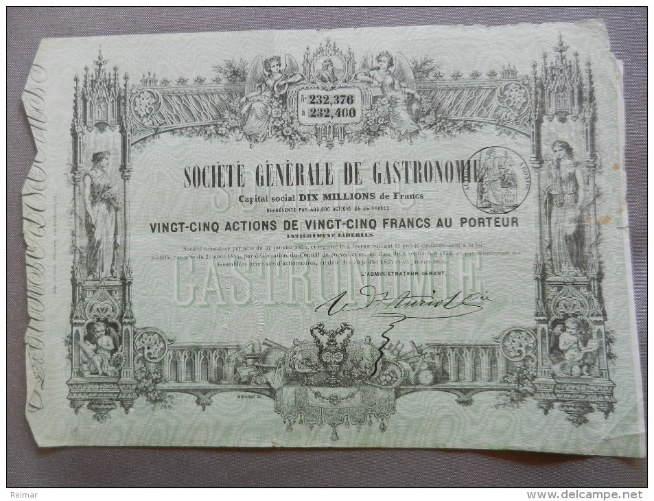 SOCIETE GENERALE DE GASTRONOMIE Titre De 25 Actions - Sté Constituée En 1854 - Tourisme