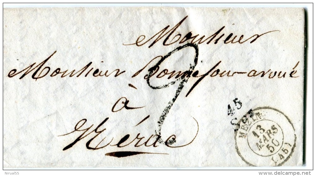 SOS Lot Et Garonne Cursive 45 SOS + CAD MEZIN 13.3.1850 + Taxe 2 Décimes   ...  - G - 1849-1876: Période Classique