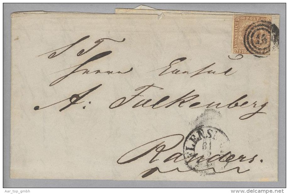 Dänemark 1854-12-29 Flensburg Brief Mit Mi#1IIb 3-Ring Stempel 16 Nach Randers - Storia Postale