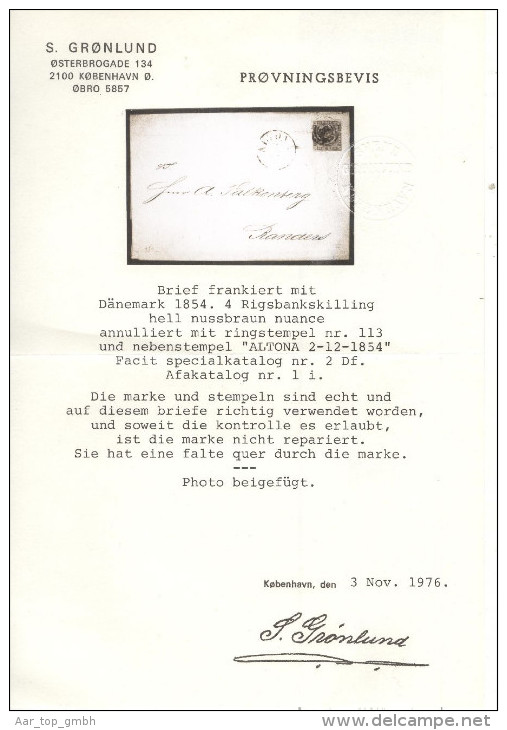 Dänemark 1854-12-02 Altona Brief Mit Mi#1IIc Fa#2DF Af#1 Nach Ranaers Befund G. - Brieven En Documenten