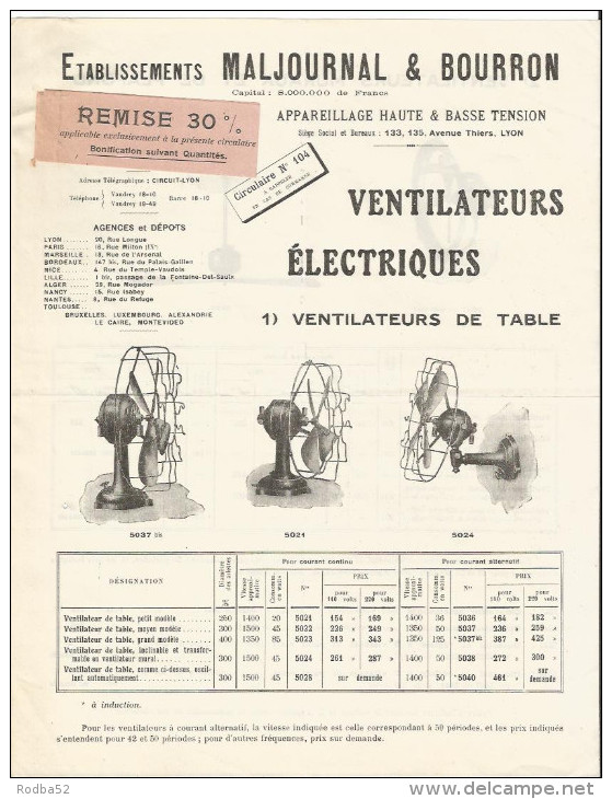 Publicité - Etablissements Maljournal Et Bourron Avenue Thiers à Lyon - Ventilateurs électriques - Elettricità & Gas