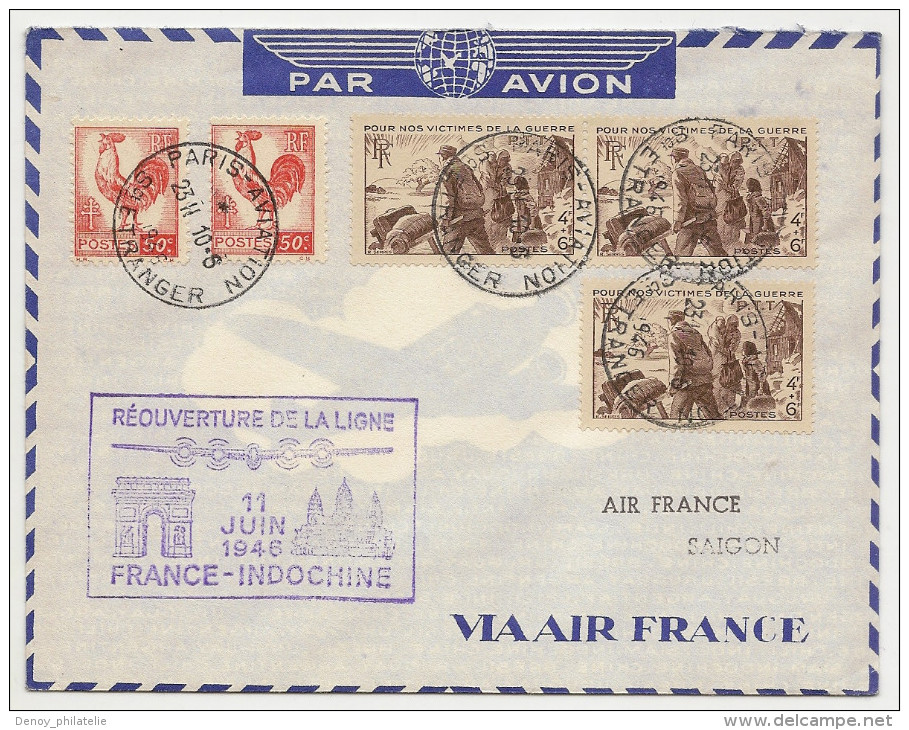 Lettre Réouverture De La Ligne France Indochine Le 11 Juin 1946 (type Coq) Et Journée Du Timbre, Beau Document - Premiers Vols