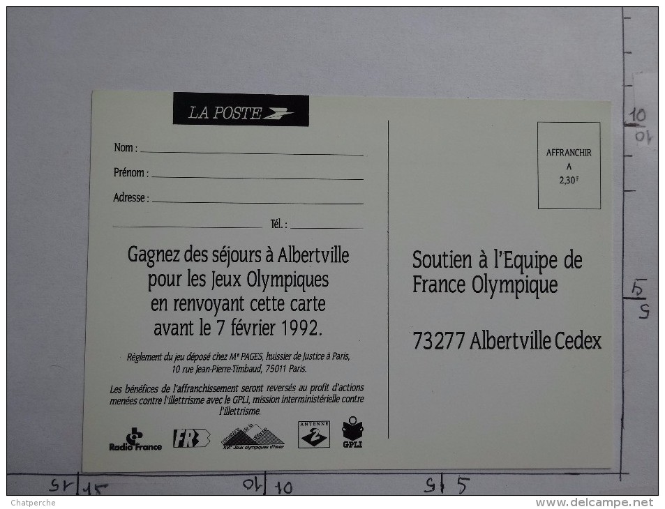 JEUX OLYMPIQUES D'HIVER  ALBERTVILLE 92 "JE SOUTIENS L'EQUIPE DE FRANCE"  VERSO PRE ADRESSE - Giochi Olimpici