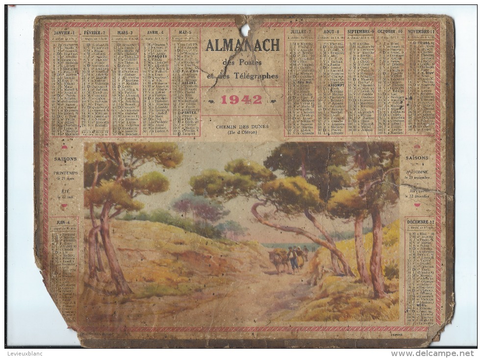 Calendrier /Almanach Des Postes Et Des Télégraphes/ Chemin Des Dunes-Ile D'Oléron/Oberthur/ 1942   CAL204 - Grand Format : 1941-60