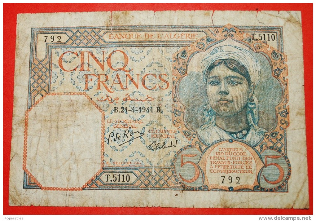 * BOATS & VEILED WOMAN: ALGERIA ★ 5 FRANCS 1941 WITHOUT SERIAL #!  LOW START&#9733;NO RESERVE! - Algeria