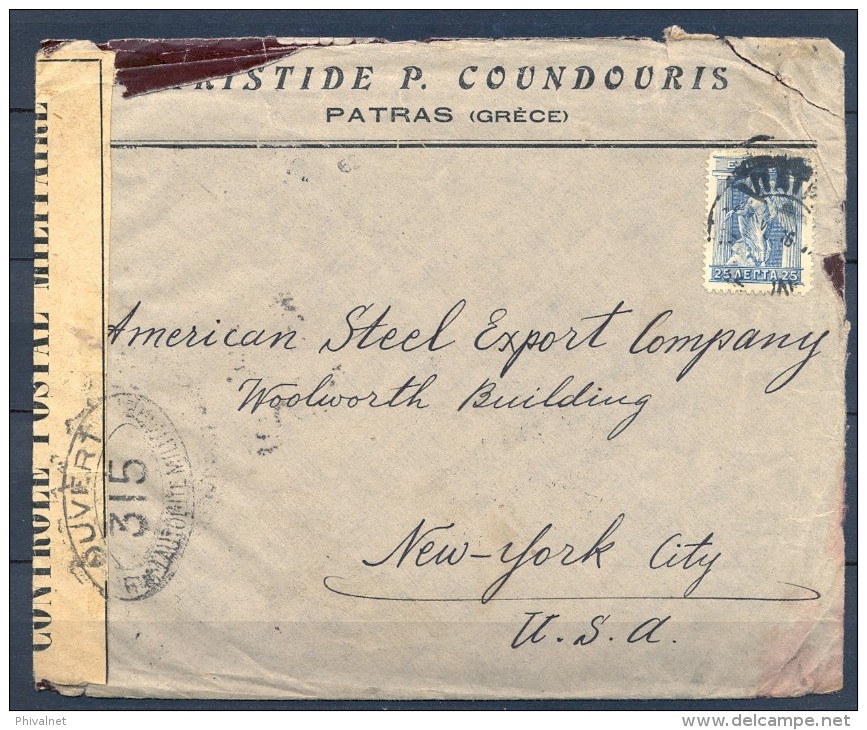 1916 GRECIA, INTERESANTE SOBRE COMERCIAL CIRCULADO ENTRE PATRAS Y NEW YORK, CENSURAS ITALIANAS Y FRANCESAS - Storia Postale