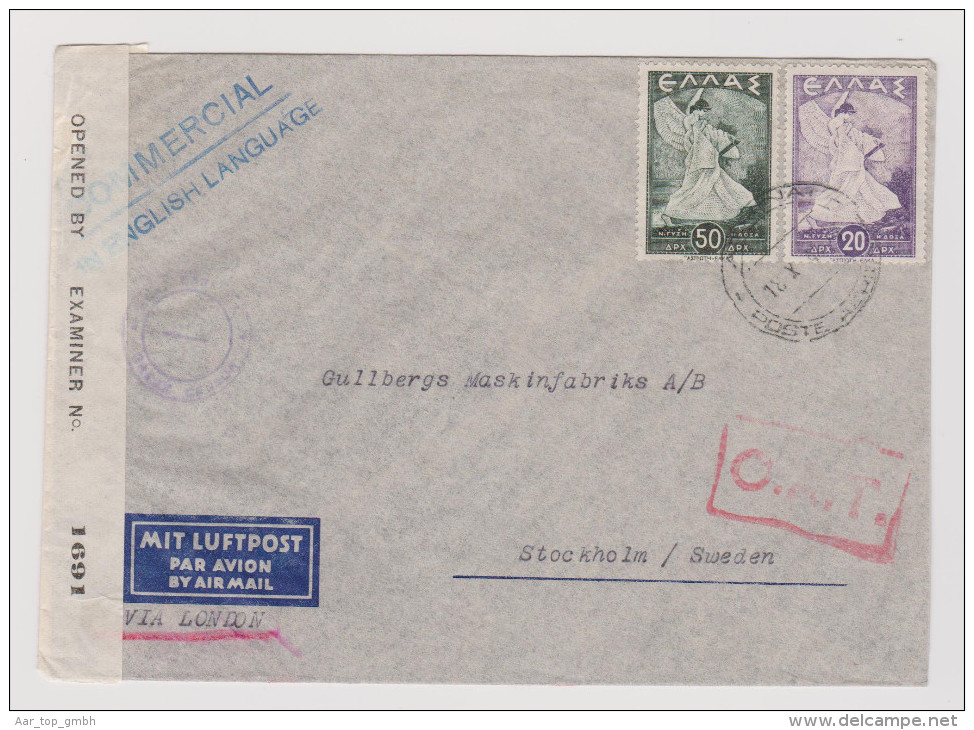 Griechenland 1945-10-18 Zensur O.A.T. Air Mail Nach Stockholm Schweden - Lettres & Documents