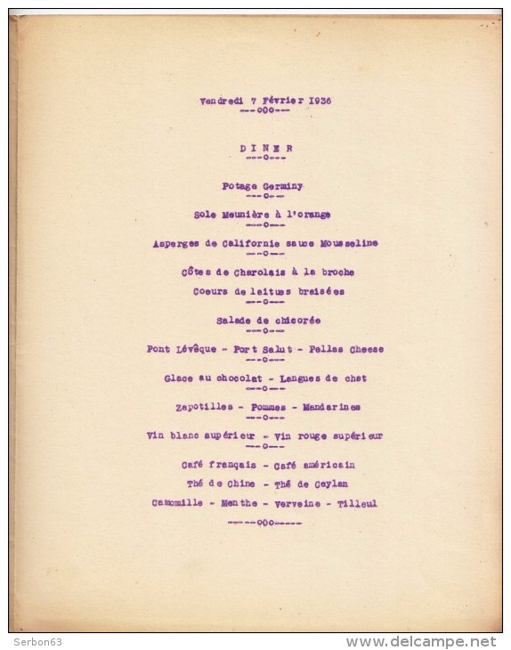 MENU COMPAGNIE GENERALE TRANSATLANTIQUE FRENCH LINE PAQUEBOT WYOMING VENDREDI 07 FEVRIER 1936 LES COSTUMES NORMANDS - Menu