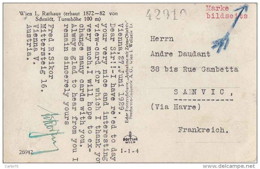 Autriche - Wien - Rathaus - Postmarked 1929 - Other & Unclassified