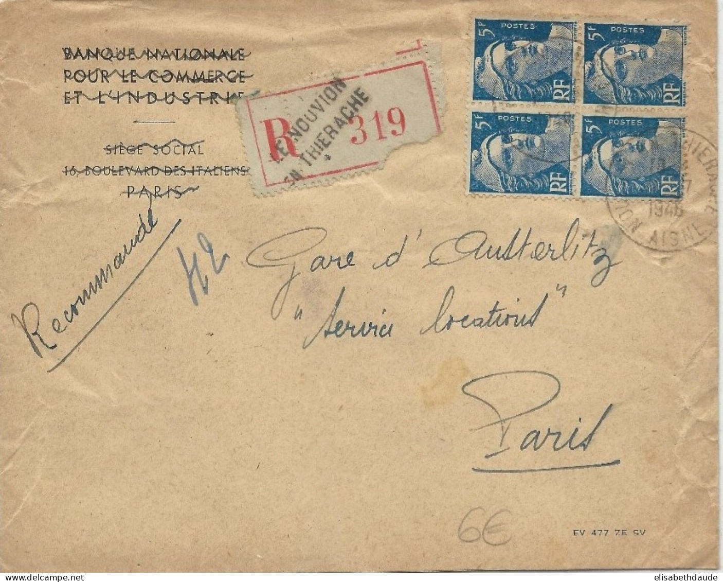 AISNE - 1948 - ENVELOPPE RECOMMANDEE De LE NOUVION EN THIERACHE Avec BLOC De 4 GANDON - 1945-54 Marianne (Gandon)