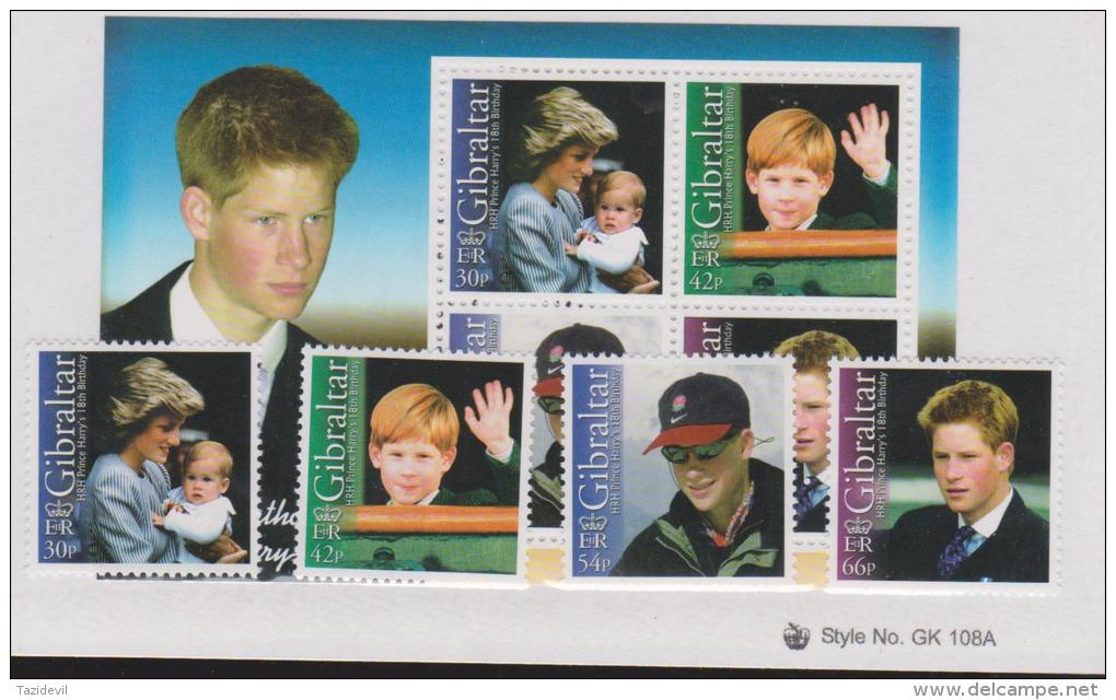 GIBRALTAR - MNH ** 2002 Prince Harry's 18th Birthday Set And Souvenir Sheet. Scott 913-916, 916a - Gibraltar