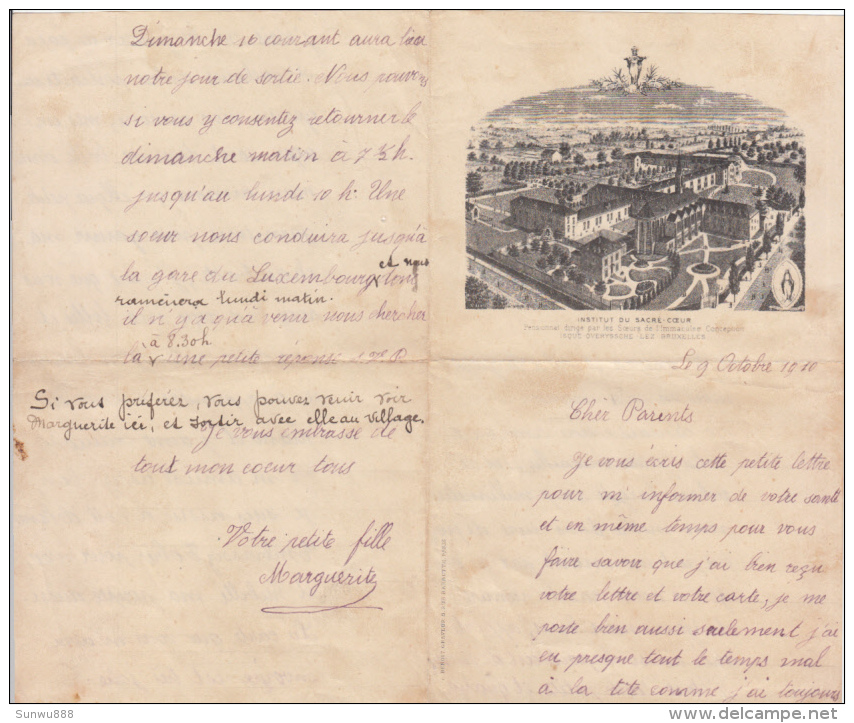 Institut Du Sacré-Coeur, 1910- Lettre D´une Fille à Ses Parents, Dimanche, Jour De Sortie... - Autres & Non Classés