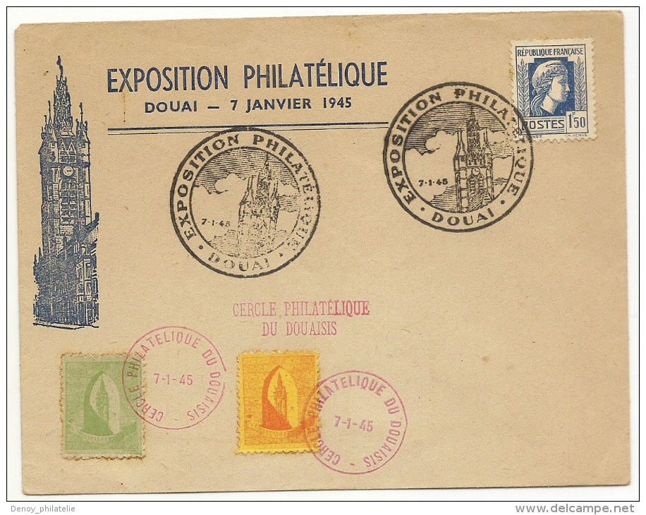 Exposition Philatélique De Douai Du 7 1 1945 Deux Vignettes Oblitérés Du Cercle Breau Document - Philatelic Fairs