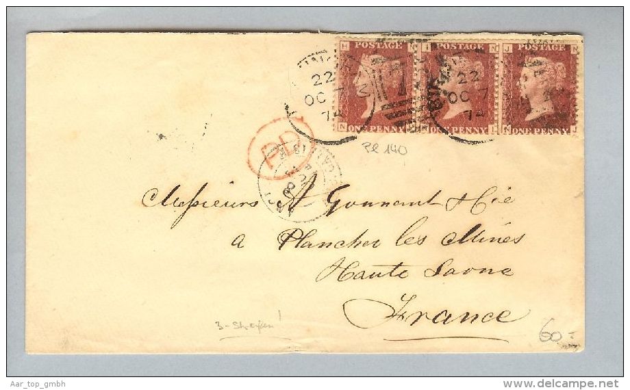 Grossbritannien 1874-10-07 Mi#16 Pl 140 3er Streifen Brief>France - Covers & Documents