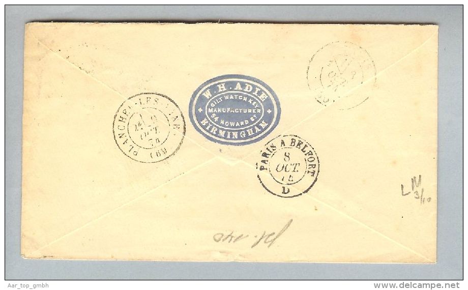 Grossbritannien 1874-10-07 Mi#16 Pl 140 3er Streifen Brief>France - Covers & Documents