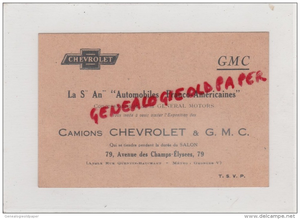 75008- 75 - PARIS - CARTE INVITATION SALON CHEVROLET -GMC- GENERAL MOTORS- 79 AV. CHAMPS ELYSEES-NEUILLY - Tarjetas De Visita