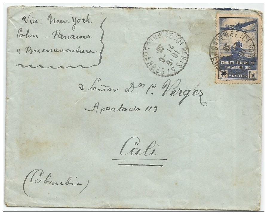 1936 FRANCIA, CORREO AÉREO - FRANCIA VOLADA DESDE PARIS A CALI VIA NEW YORK, POLOV, PANAMA Y BUENAVENTURA, COLOMBIA - 1927-1959 Covers & Documents