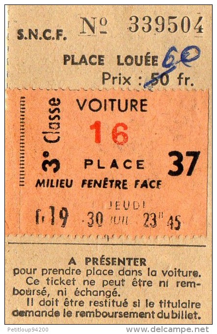 TICKET De Train SNCF  Place Louée  O - Europe