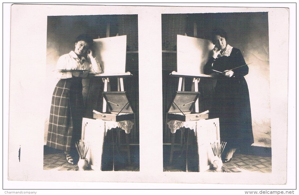 1919, Photo Carte De 2 Femmes, Artistes Peintres Prenant La Même Pose, 2 Scans - Photographie