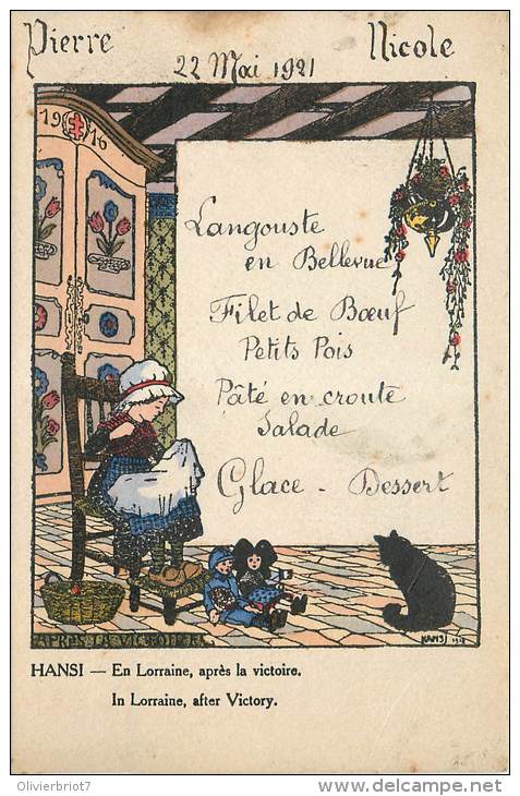 Fantaisie - MENUS - Illustrateur  Hansi - Cartes Postales Menus - 22 Mai 1921 - Pierre - Nicole - Après La Victoire - Hansi