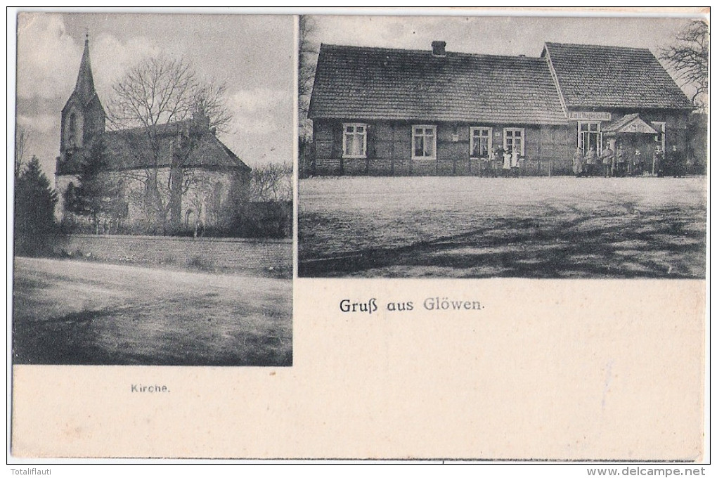 Gruß Aus GLÖWEN Kirche Gastwirtschaft Emil Wagenknecht Bahnpost BERLIN - HAMBURG 3.6.1918 ZUG 203 - Glöwen