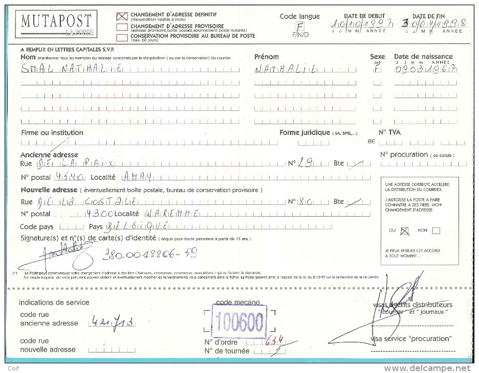 MUTAPOST "LA BONNE ADRESSE" (124M) Met ROODFRANKEERING - WAREMME - 1980-99