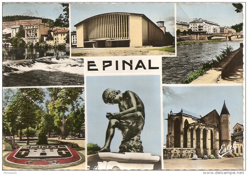 88. CPSM. Vosges. Epinal. Multi-vues. Pineau, La Moselle, L'église Notre-Dame, Le Cours, La Cathédrale Saint-Maurice) - Epinal