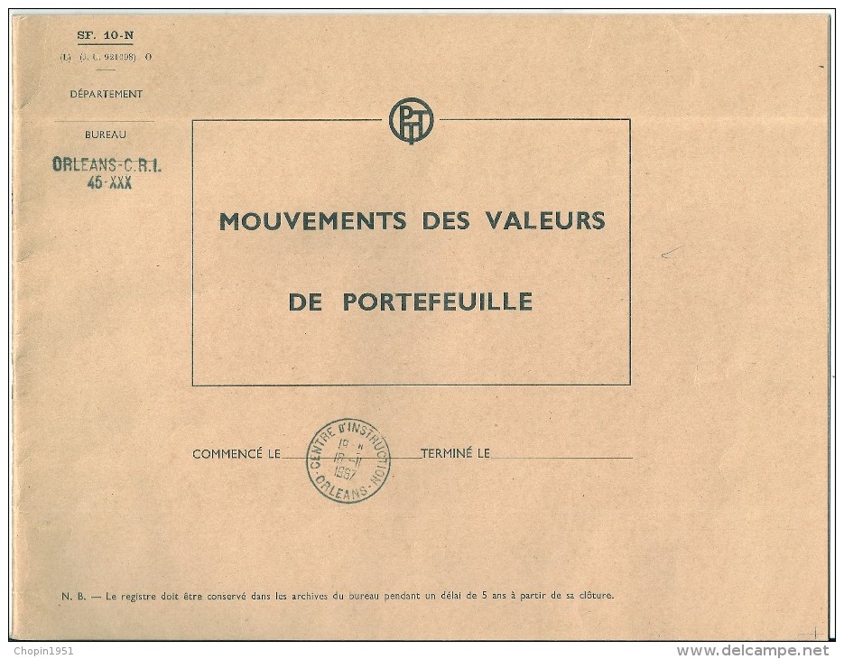 COURS D´INSTRUCTION   -  REGISTRE SF. 10-N - MOUVEMENTS DES VALEURS DE PORTEFEUILLE - Corsi Di Istruzione