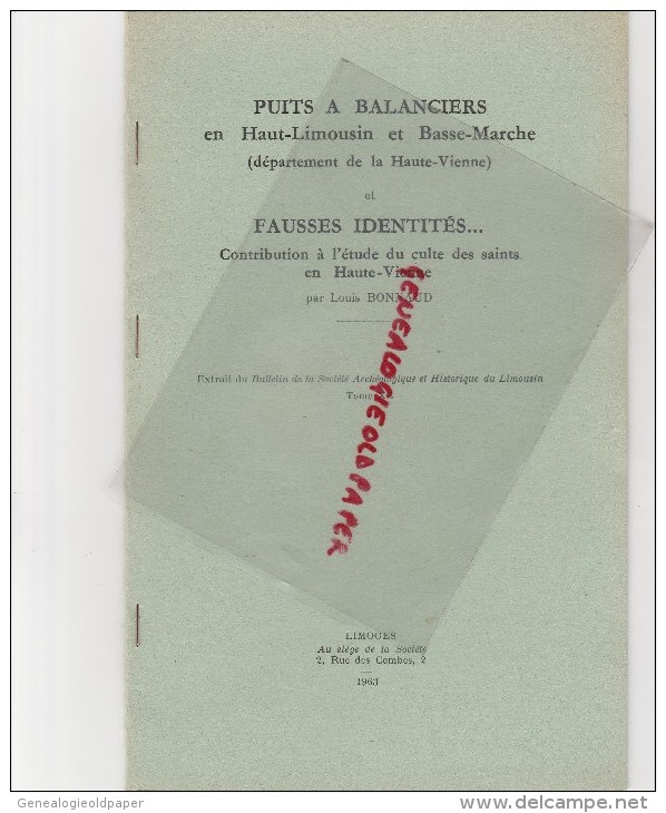 87 - EXTRAIT BULLETIN STE ARCHEOLOGIQUE LIMOUSIN- LOUIS BONNAUD-PUITS A BALANCIERS-FAUSSES IDENTITES 1963 - Limousin