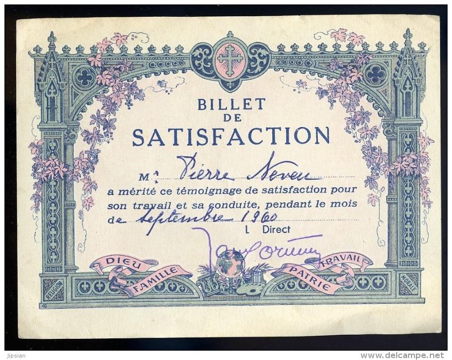 Billet De Satisfaction   Septembre 1960   FRM 18 - Diplômes & Bulletins Scolaires