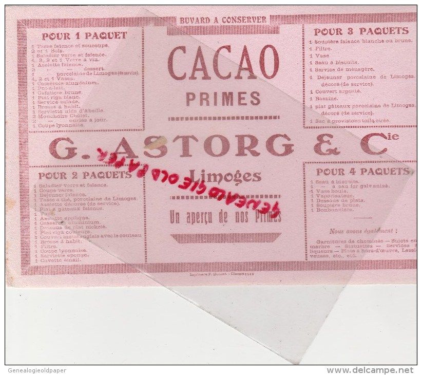 87 - LIMOGES - BUVARD G. ASTORG & CO - CACAO PRIMES - IMPRIMERIE DUMONT LIMOGES - Alimentaire