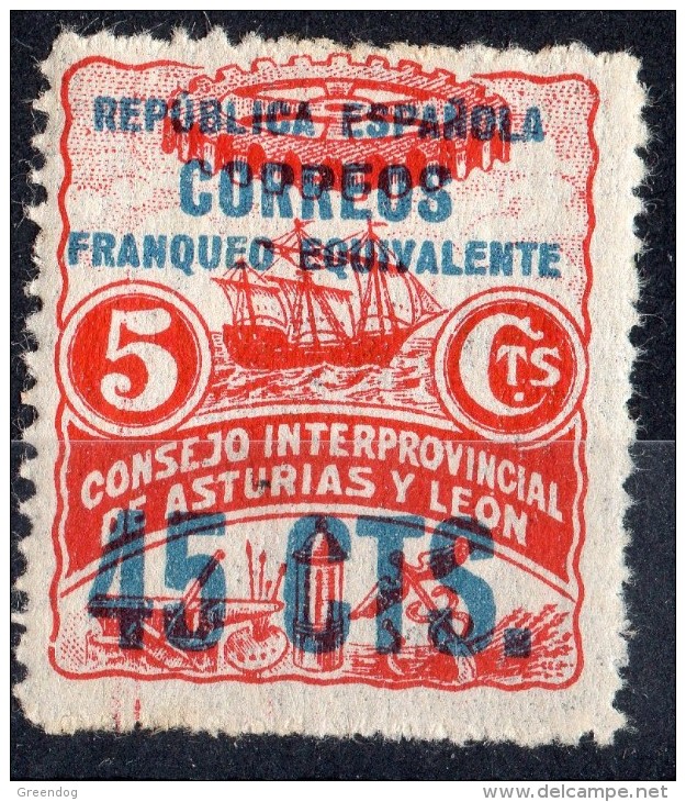 Año 1937 - Asturias Y Leon - Sobrecarga  - 45 Cts Sobre 5 Cts - Sofima 9  Spain Civil War - Asturies & Leon