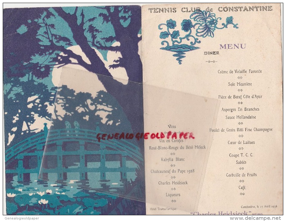 ALGERIE - CONSTANTINE - MENU TENNIS CLUB HOTEL TRANSATLANTIQUE- 25 AVRIL 1936- JAPON LABOURAGE RIZIERE -GOOSSENS LILLE - Menus