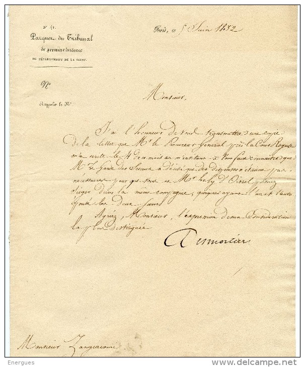 Paris, 1832, 2 Docs, Parquet Du Tribunal, Dispense, Hely D´Oissel ,Demortier, Procureur Du Roi,Zanziacomi,juge - Documents Historiques