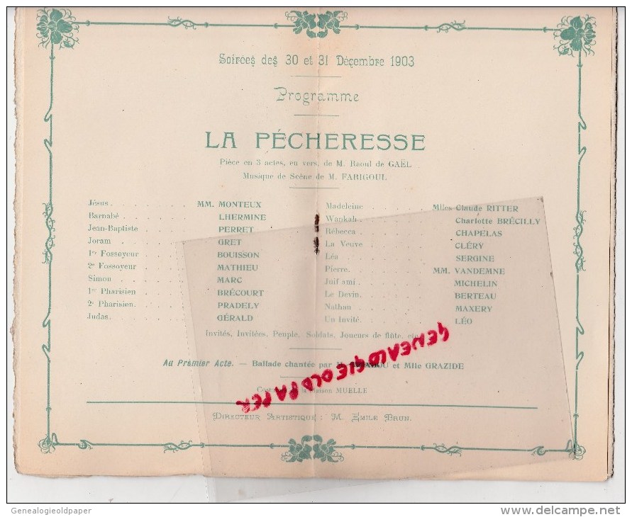 75- PARIS - PROGRAMME NOUVEAU THEATRE 15 RUE BLANCHE- 30-31 DEC? 1903- LA PECHERESSE RAOUL DE GAEL-FARIGOUL- EMILE BRUN - Autres & Non Classés