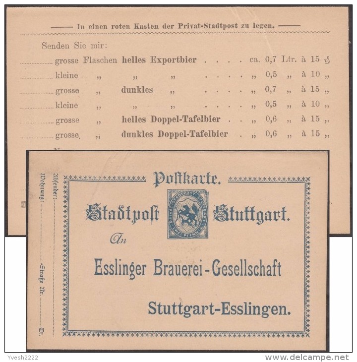 Stuttgart Vers 1890. Carte, Entier Postal TSC. Bon De Commande De Bouteilles De Bière. Poste Privée De Stuttgart - Beers