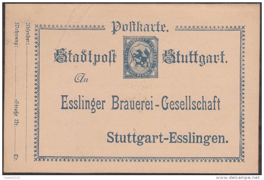 Stuttgart Vers 1890. Carte, Entier Postal TSC. Bon De Commande De Bouteilles De Bière. Poste Privée De Stuttgart - Bier